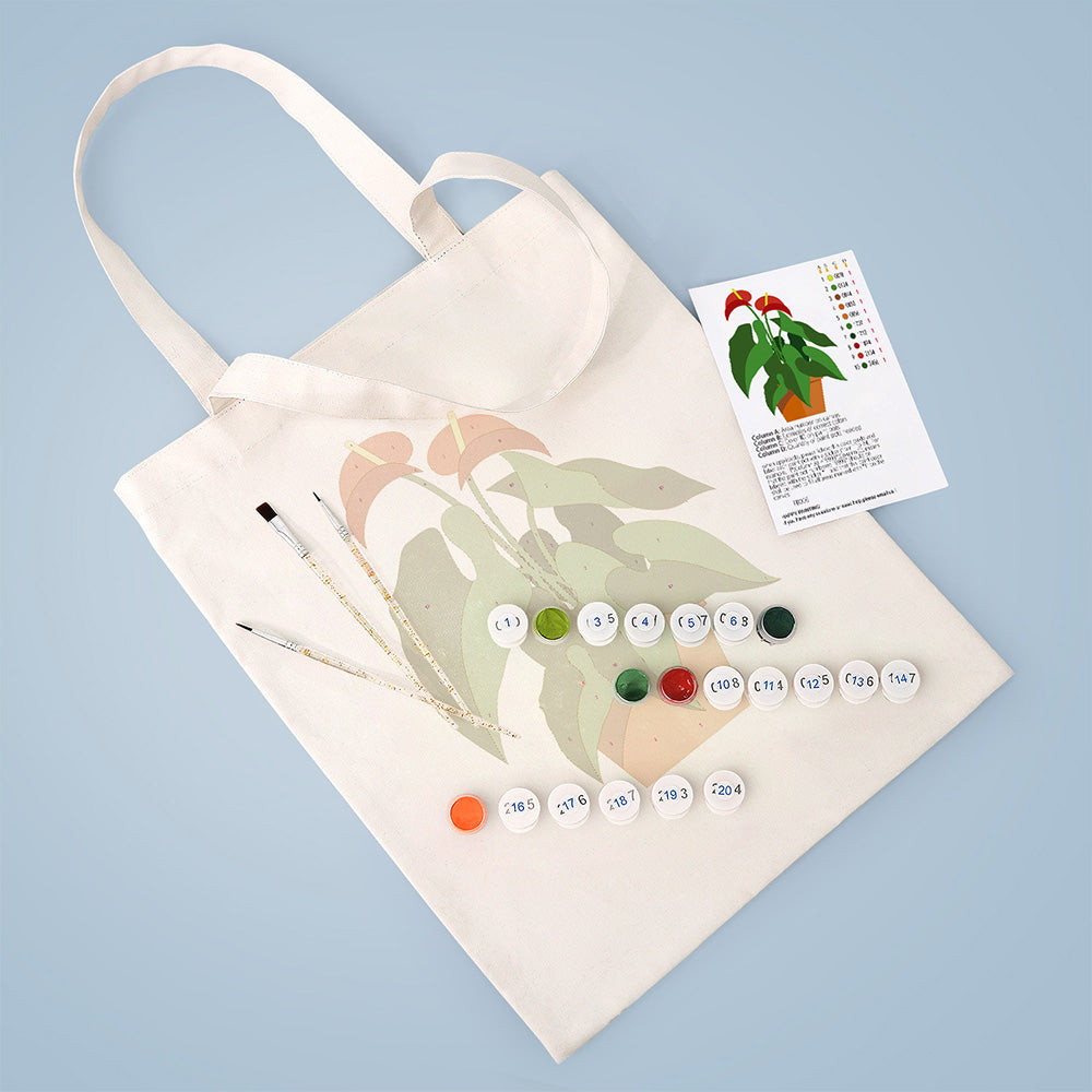 Rode Bloem en Groene Blad Kamerplanten Canvas Tote Bag Schilderen op Nummers