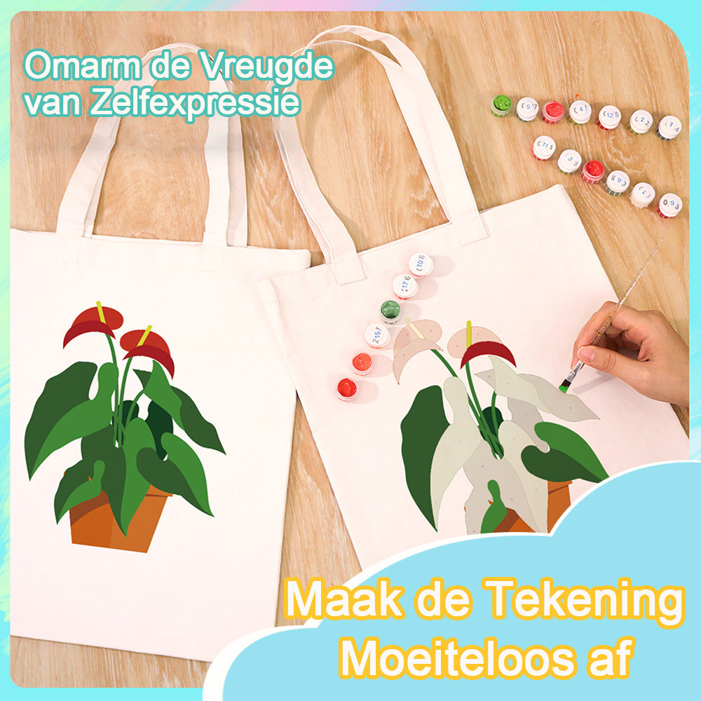 Rode Bloem en Groene Blad Kamerplanten Canvas Tote Bag Schilderen op Nummers