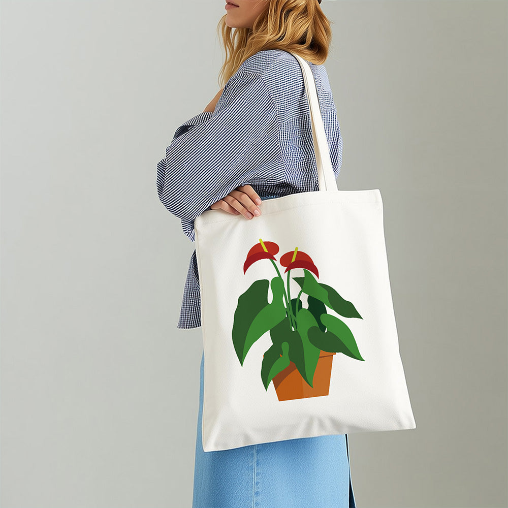 Rode Bloem en Groene Blad Kamerplanten Canvas Tote Bag Schilderen op Nummers