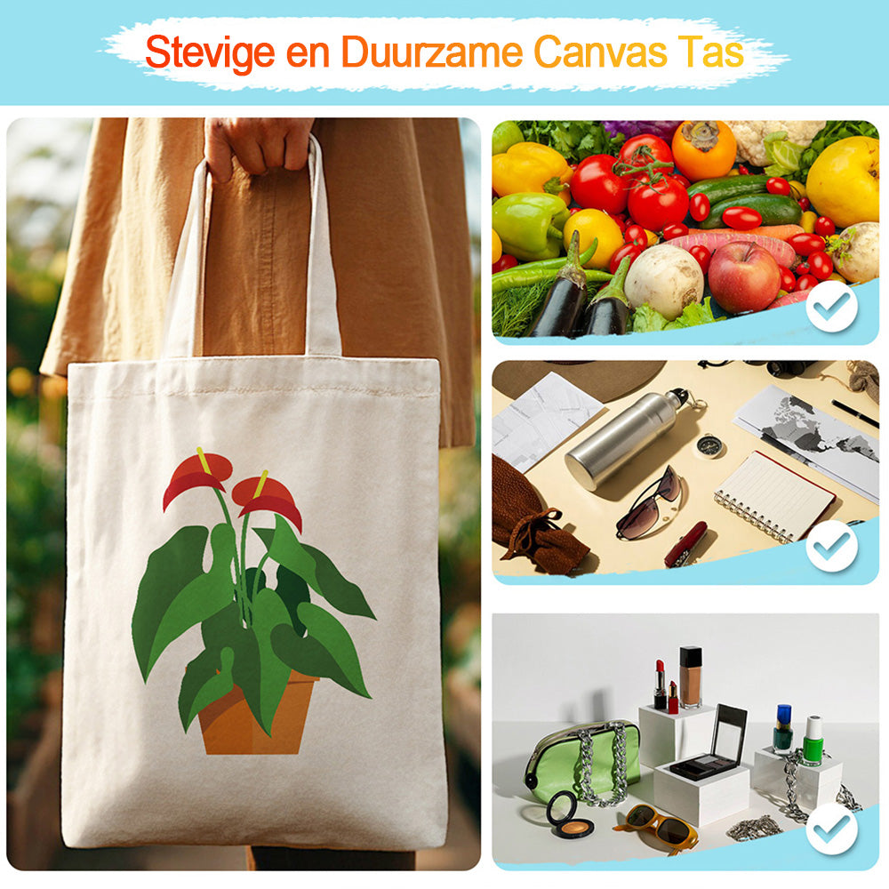 Rode Bloem en Groene Blad Kamerplanten Canvas Tote Bag Schilderen op Nummers