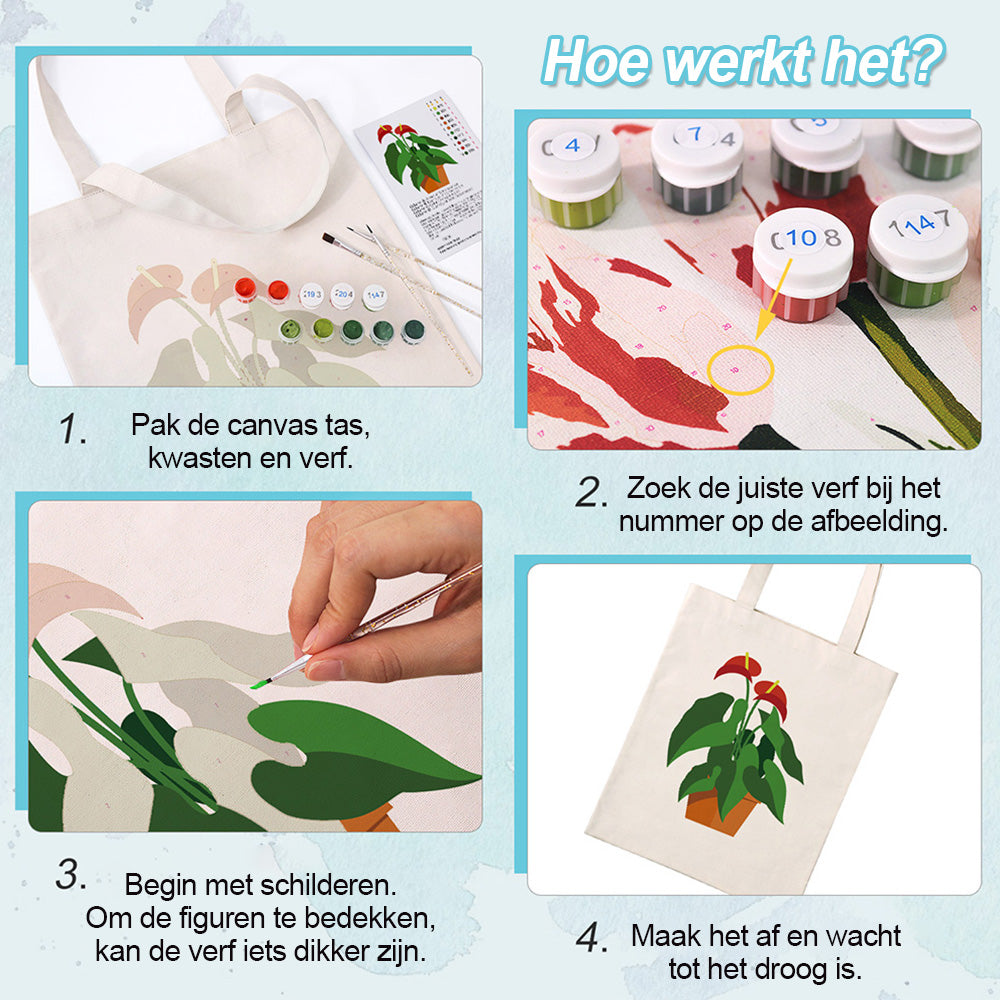 Rode Bloem en Groene Blad Kamerplanten Canvas Tote Bag Schilderen op Nummers