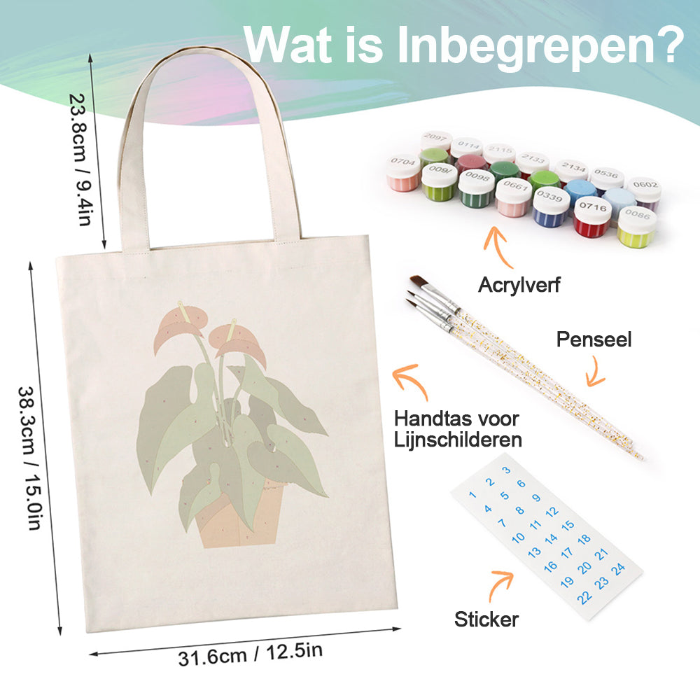Rode Bloem en Groene Blad Kamerplanten Canvas Tote Bag Schilderen op Nummers