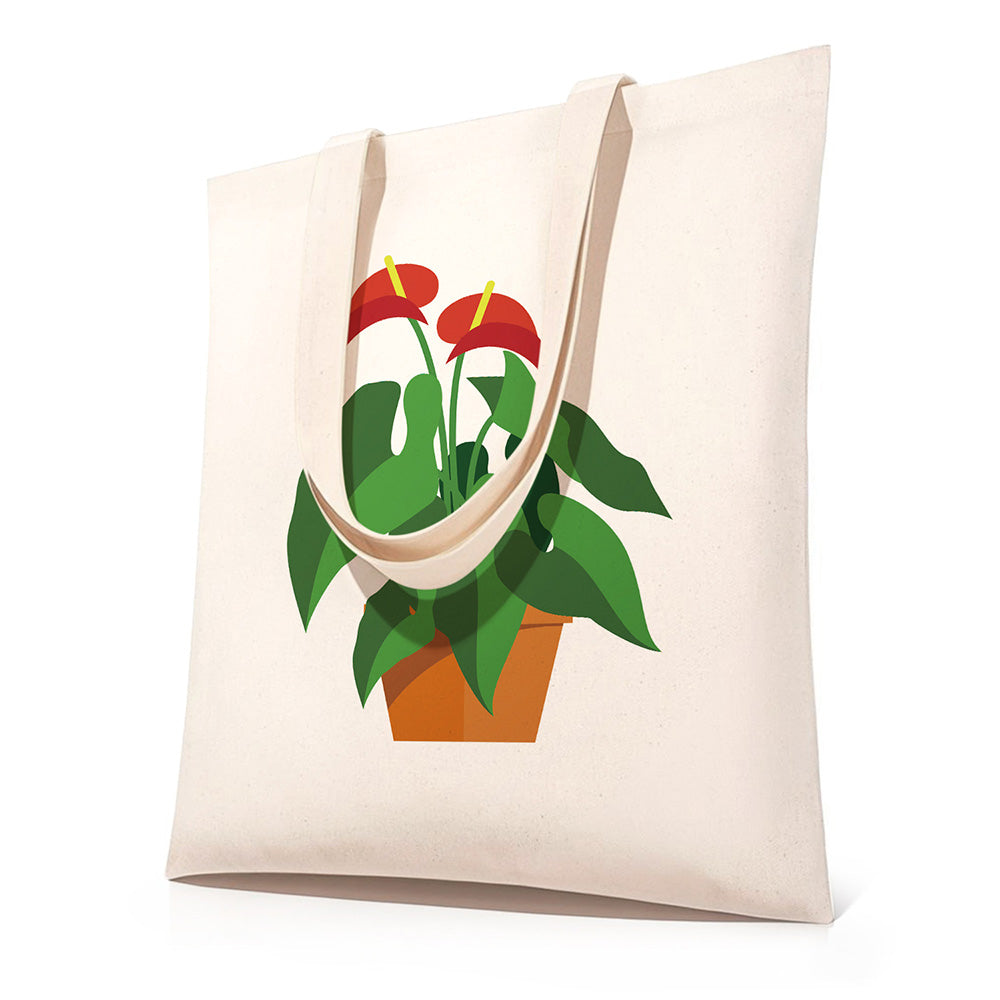 Rode Bloem en Groene Blad Kamerplanten Canvas Tote Bag Schilderen op Nummers