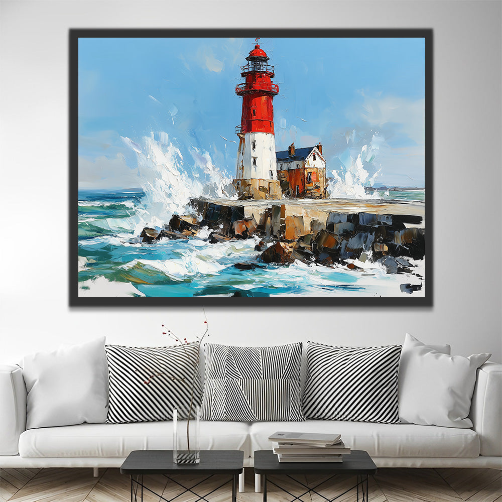 Rood-Witte Vuurtoren in de Zee Schilderen op Nummers