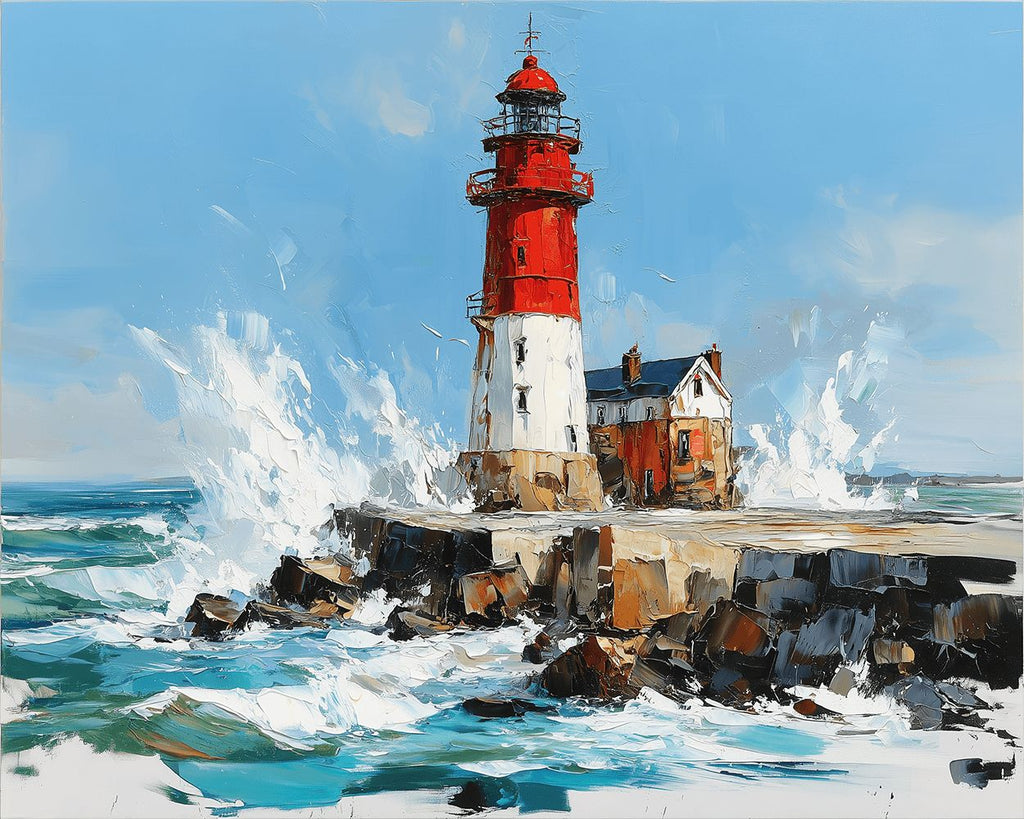 Rood-Witte Vuurtoren in de Zee Schilderen op Nummers
