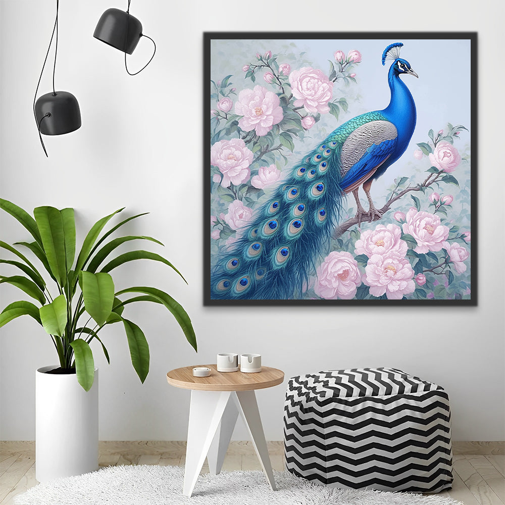 Roze Bloemen en Blauwe Pauw Schilderen op Nummers