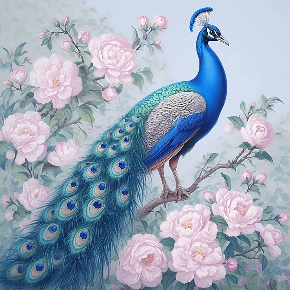 Roze Bloemen en Blauwe Pauw Schilderen op Nummers