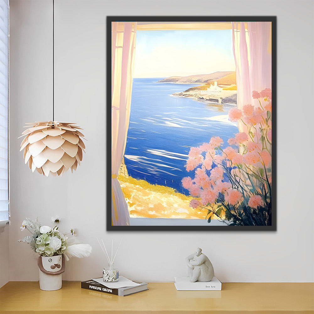 Roze Bloemen in een Kamer aan Zee Schilderen op Nummers