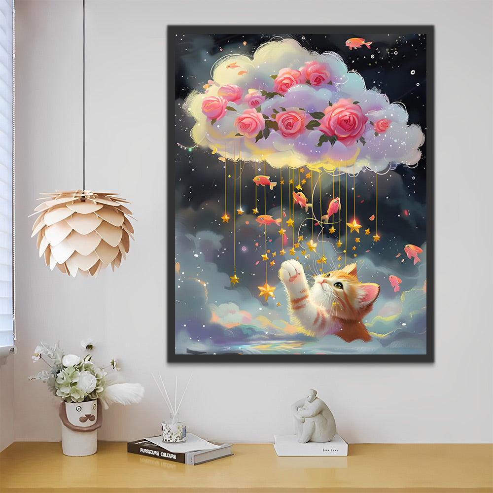 Roze Bloemen, Witte Wolken en Kat Schilderen op Nummers