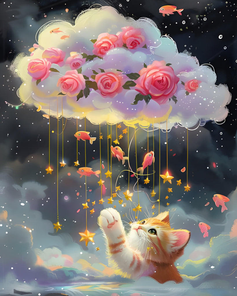 Roze Bloemen, Witte Wolken en Kat Schilderen op Nummers