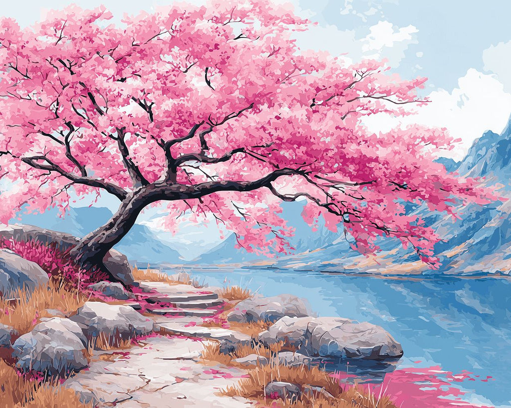 Roze Bloesemboom bij de Rivier in de Bergen Schilderen op Nummers