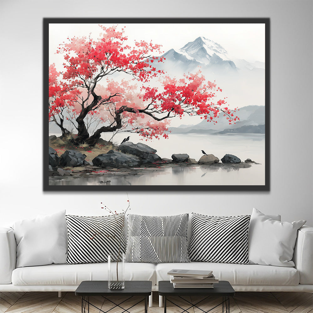 Roze Boom in een Chinese Inktlandschap Painting Schilderen op Nummers