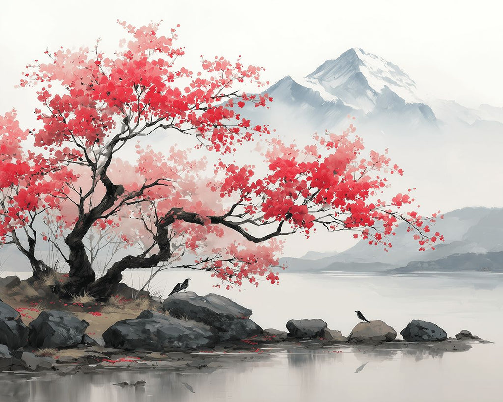 Roze Boom in een Chinese Inktlandschap Painting Schilderen op Nummers