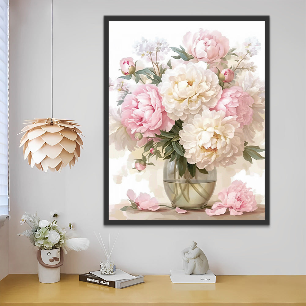 Roze en witte bloemen in een glazen vaas Schilderen op Nummers
