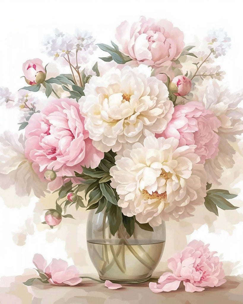 Roze en witte bloemen in een glazen vaas Schilderen op Nummers