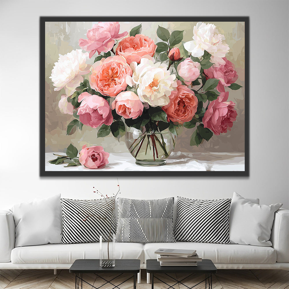 Roze en Witte Pioenrozen Schilderen op Nummers