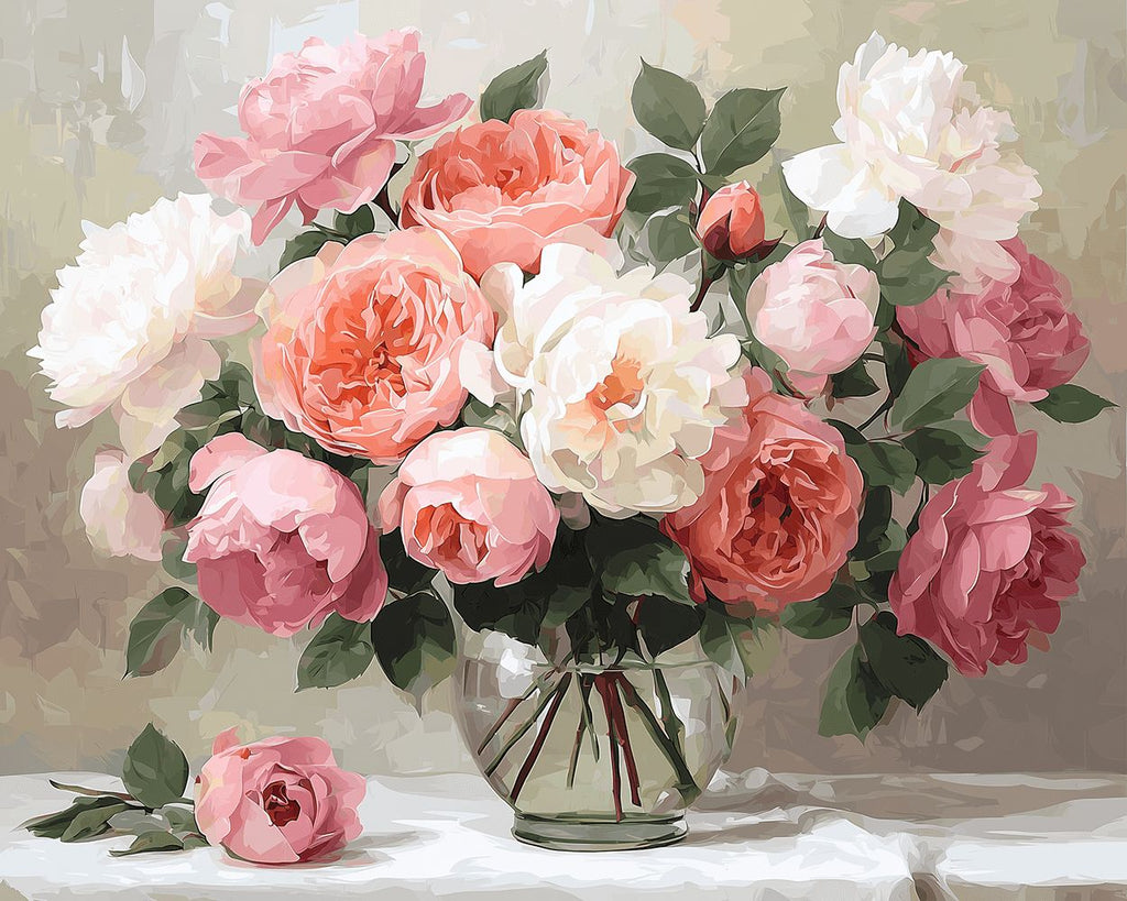 Roze en Witte Pioenrozen Schilderen op Nummers