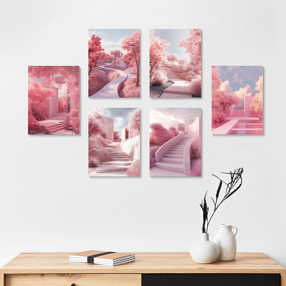 Roze Landschapstrappen 6 Stuks Mini Schilderen op Nummers