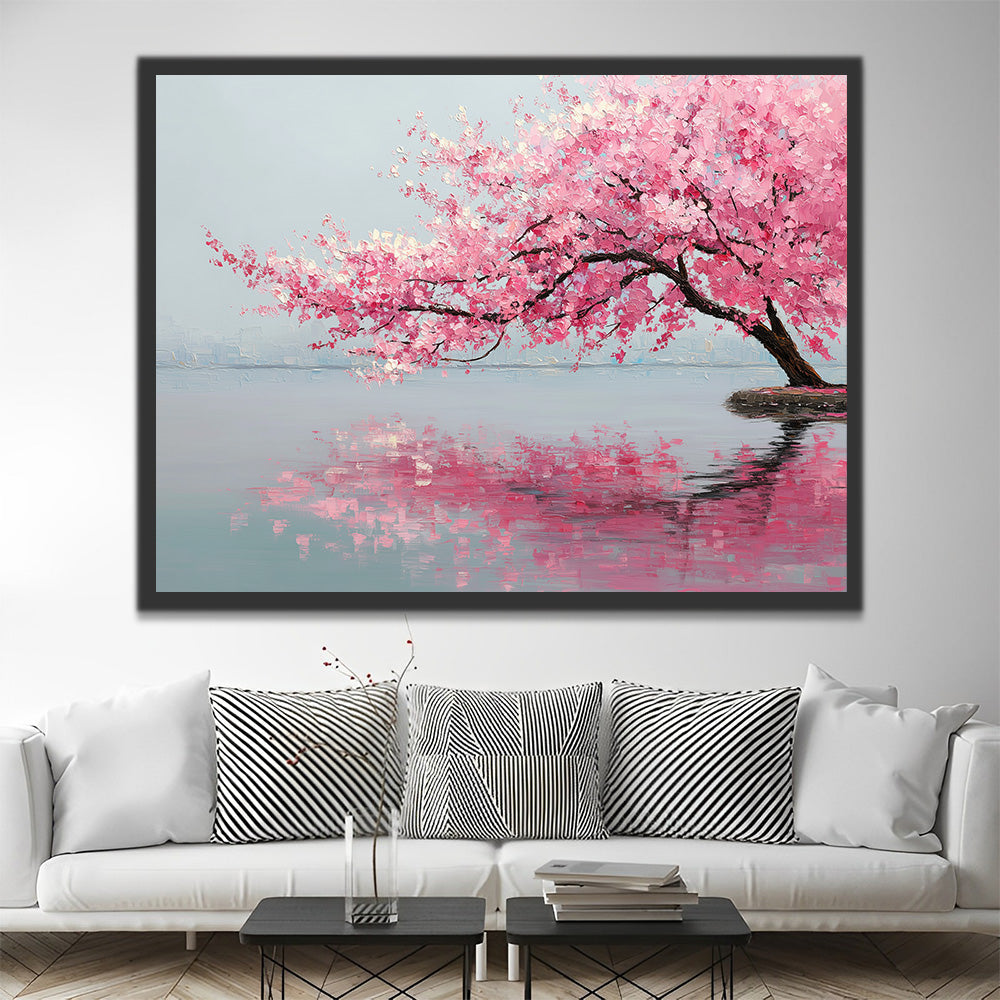 Roze Perzikbloesemboom in het Meer Schilderen op Nummers