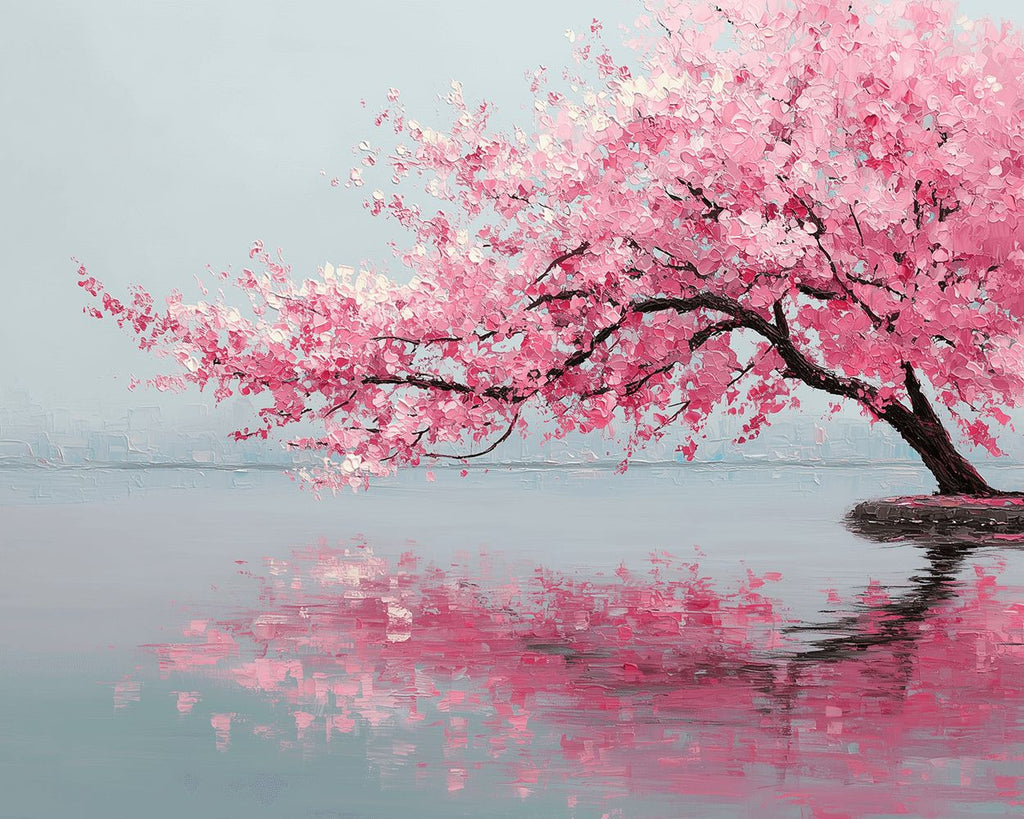 Roze Perzikbloesemboom in het Meer Schilderen op Nummers