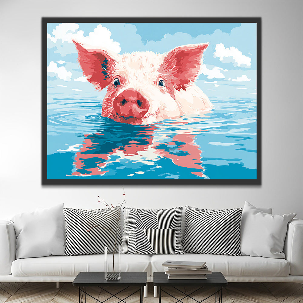 Roze Varken dat in het Water Zwemt Schilderen op Nummers