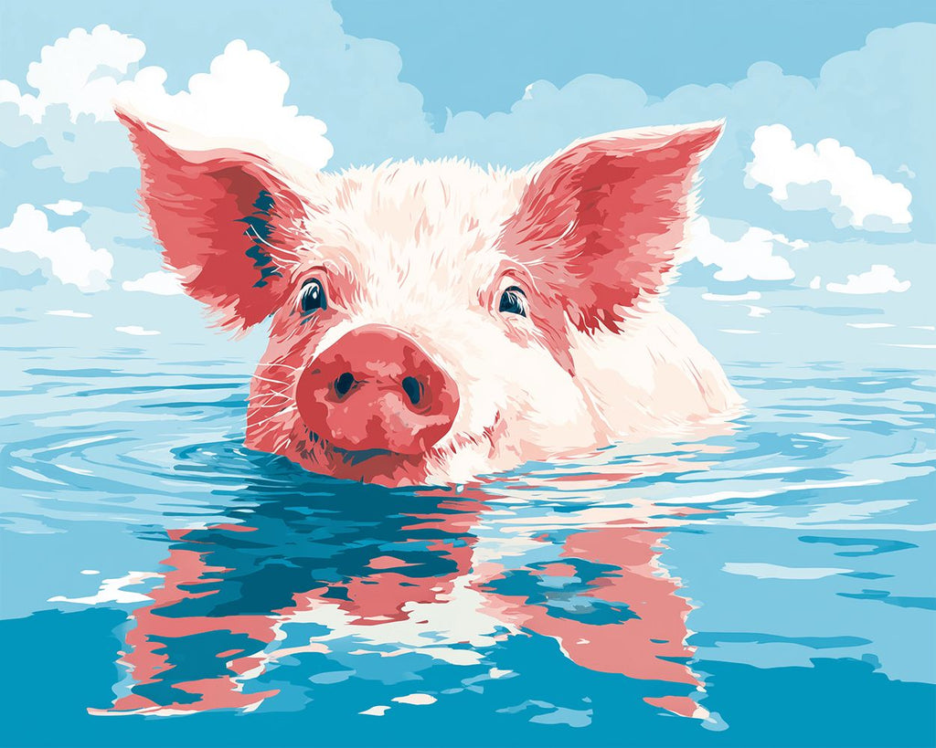 Roze Varken dat in het Water Zwemt Schilderen op Nummers