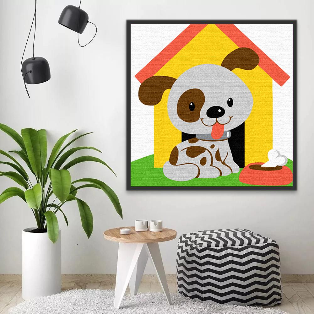 Schattige Cartoon Hond met Botten Schilderen op Nummers Kinderen