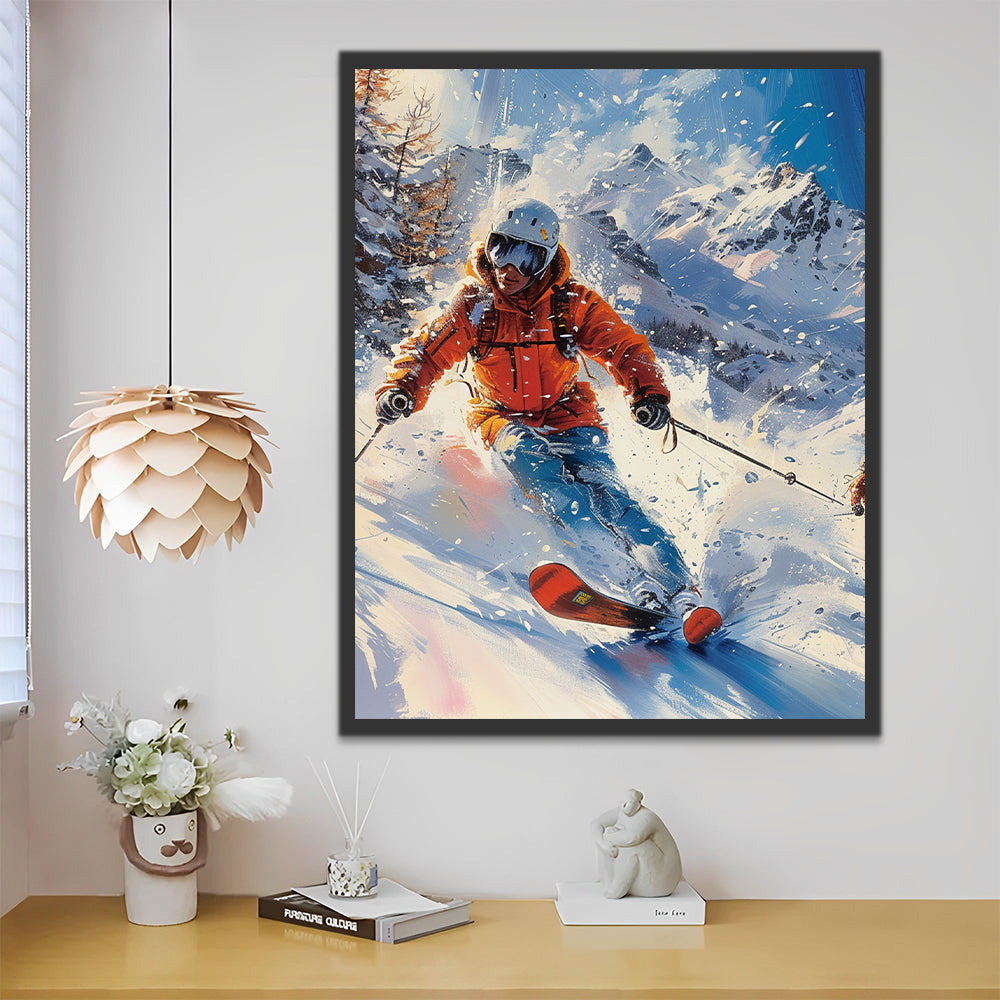 Skiër in Oranje Jas op Sneeuwberg Schilderen op Nummers