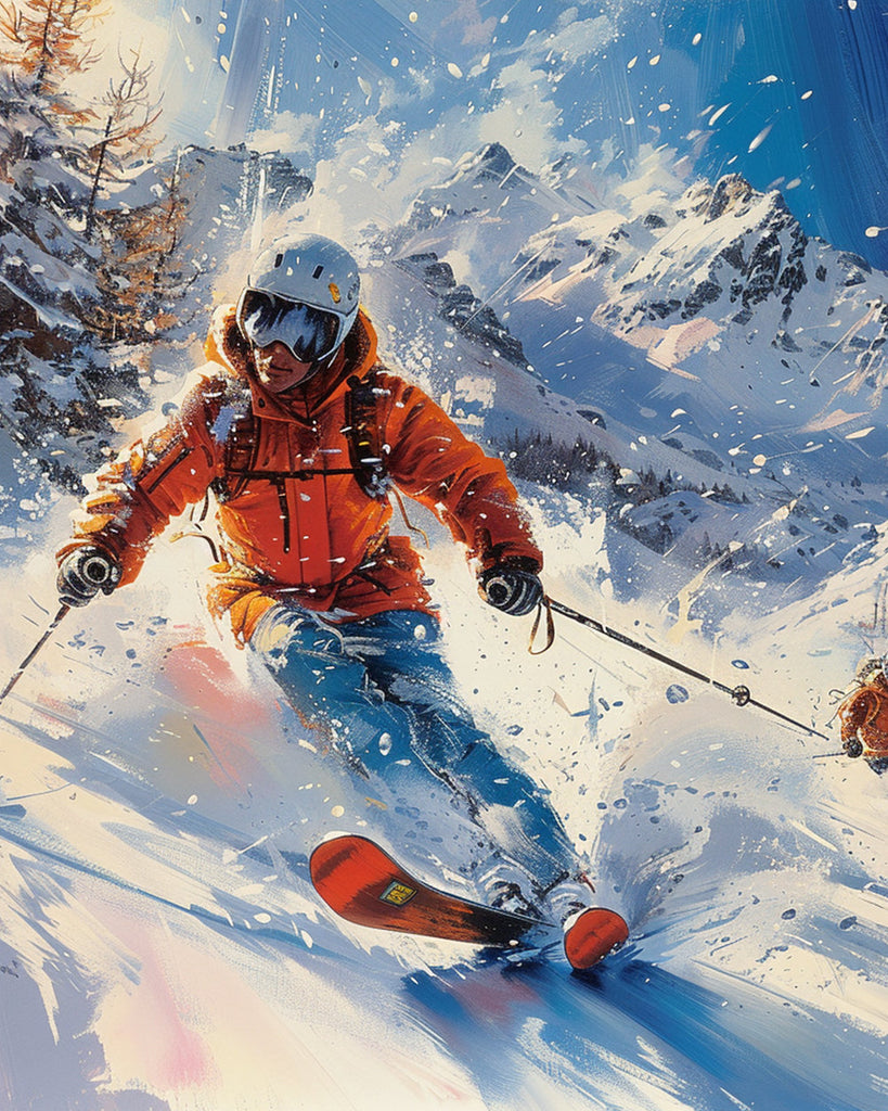 Skiër in Oranje Jas op Sneeuwberg Schilderen op Nummers