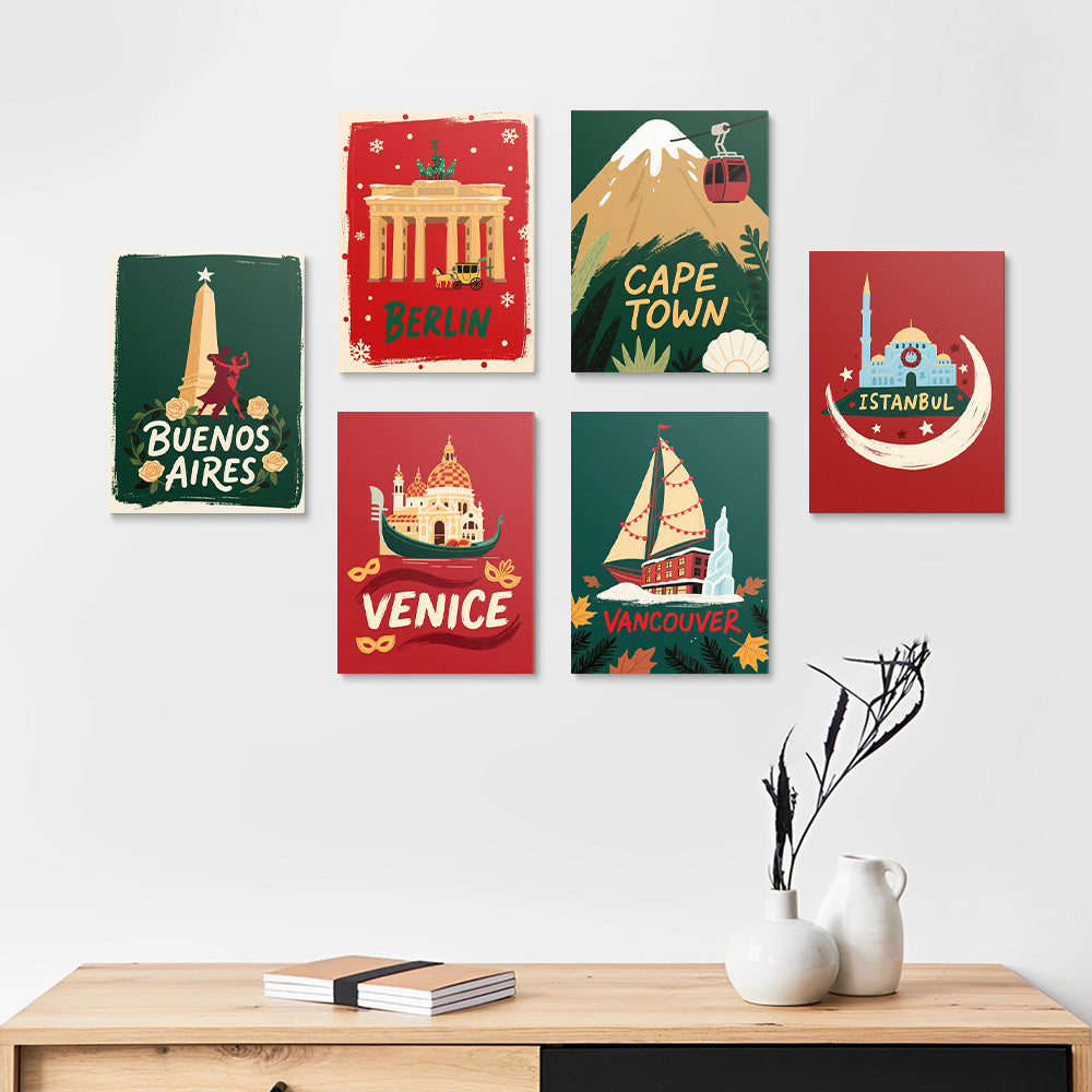 Steden over de Hele Wereld met Kerstmis 6 Stuks Mini Schilderen op Nummers