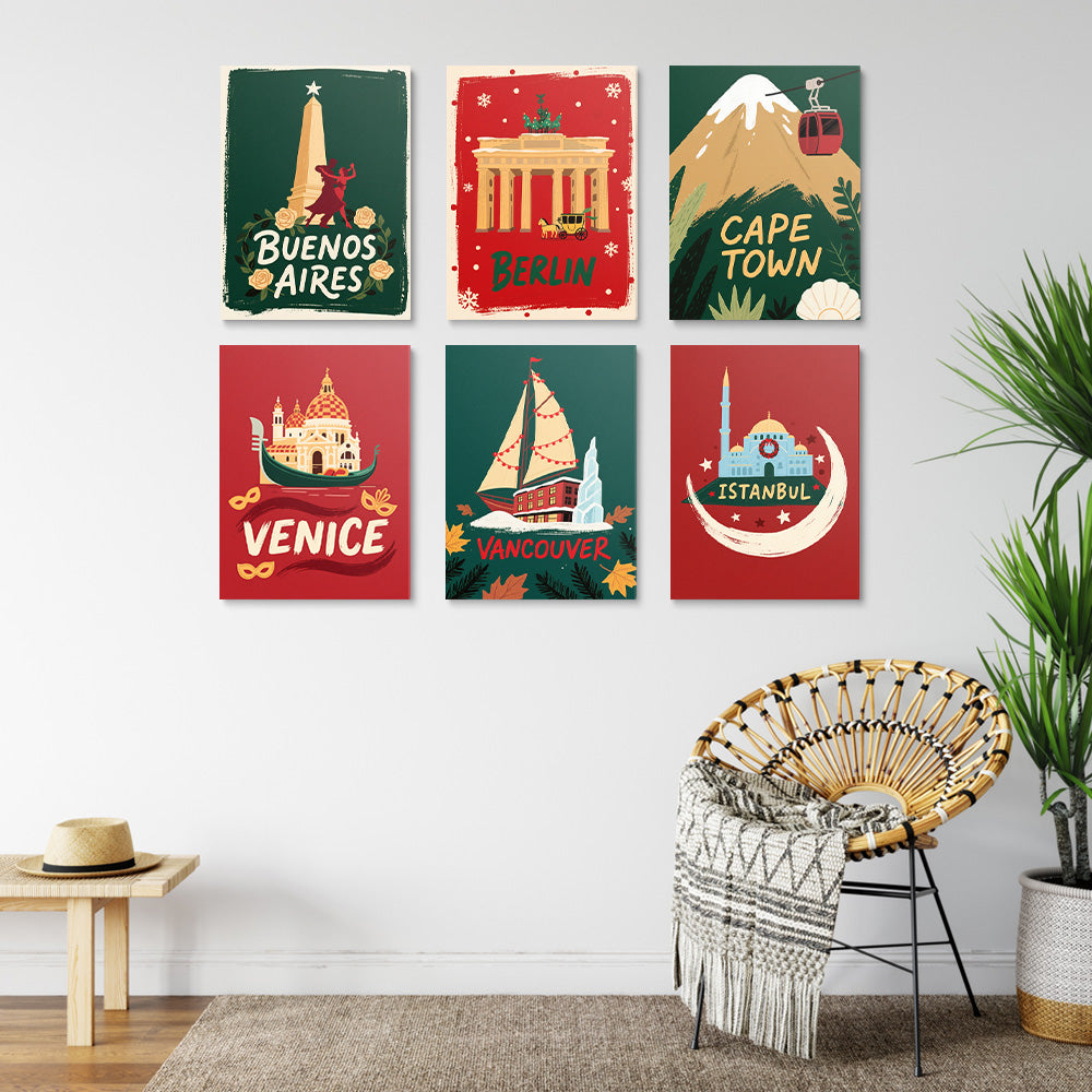 Steden over de Hele Wereld met Kerstmis 6 Stuks Mini Schilderen op Nummers