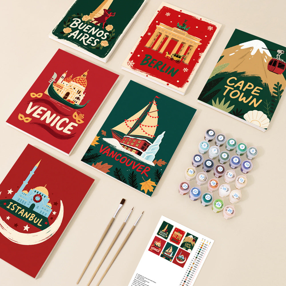Steden over de Hele Wereld met Kerstmis 6 Stuks Mini Schilderen op Nummers