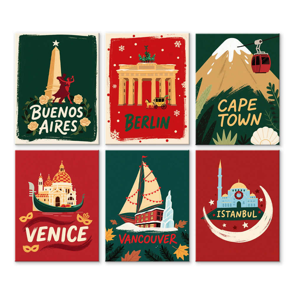 Steden over de Hele Wereld met Kerstmis 6 Stuks Mini Schilderen op Nummers
