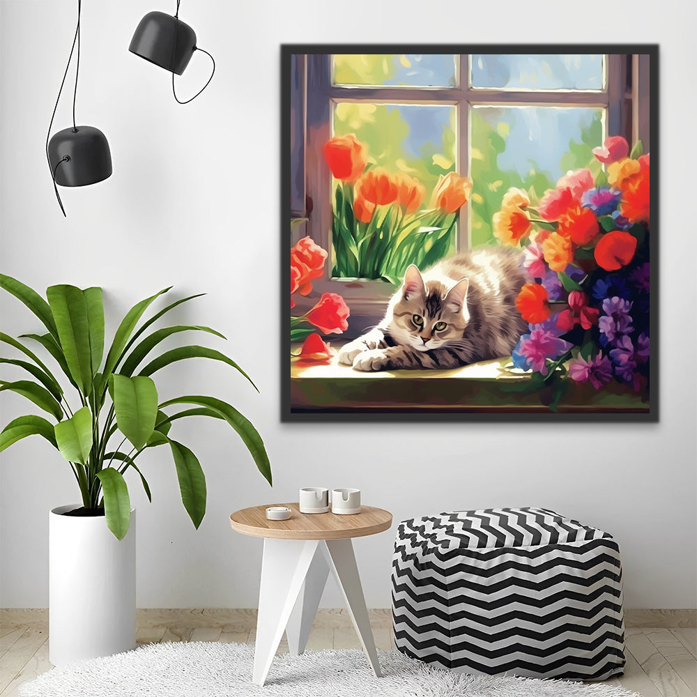 Tulpen en Kat op de Vensterbank Schilderen op Nummers