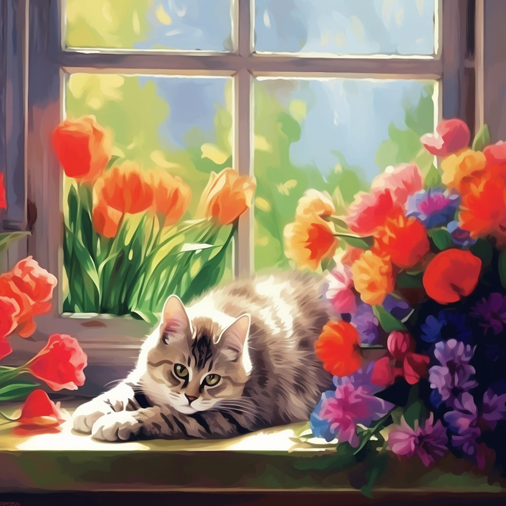 Tulpen en Kat op de Vensterbank Schilderen op Nummers