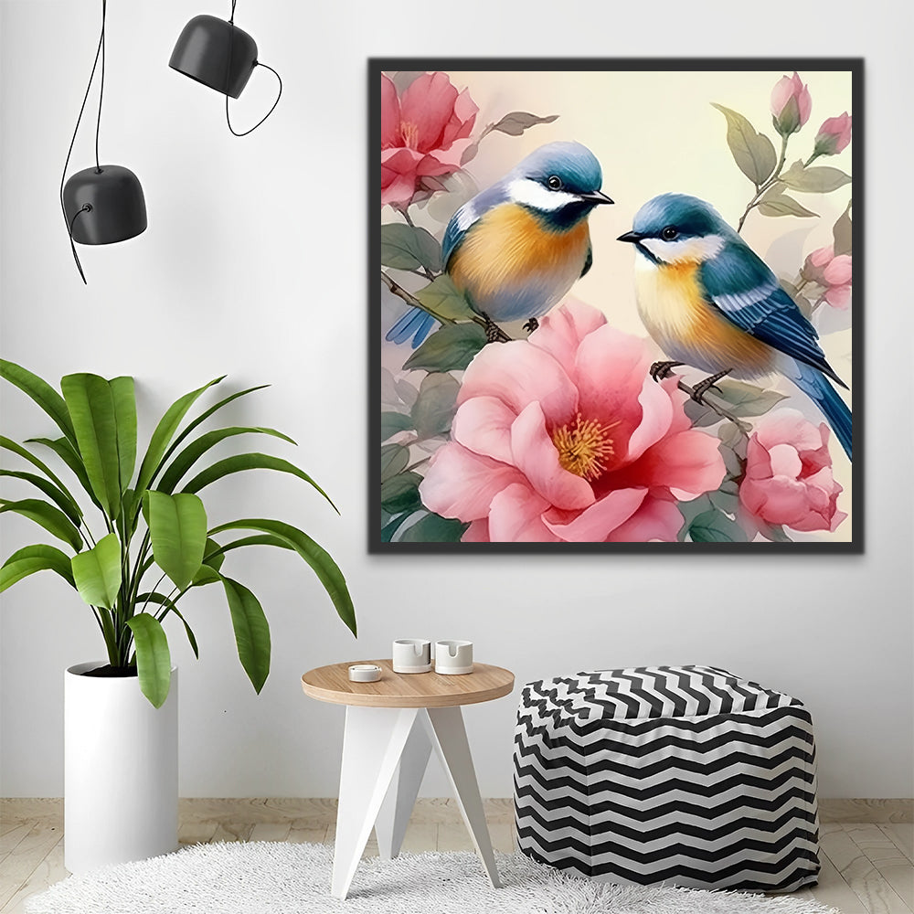 Twee vogels en roze bloemen Schilderen op Nummers