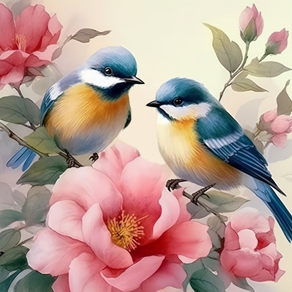 Twee vogels en roze bloemen Schilderen op Nummers