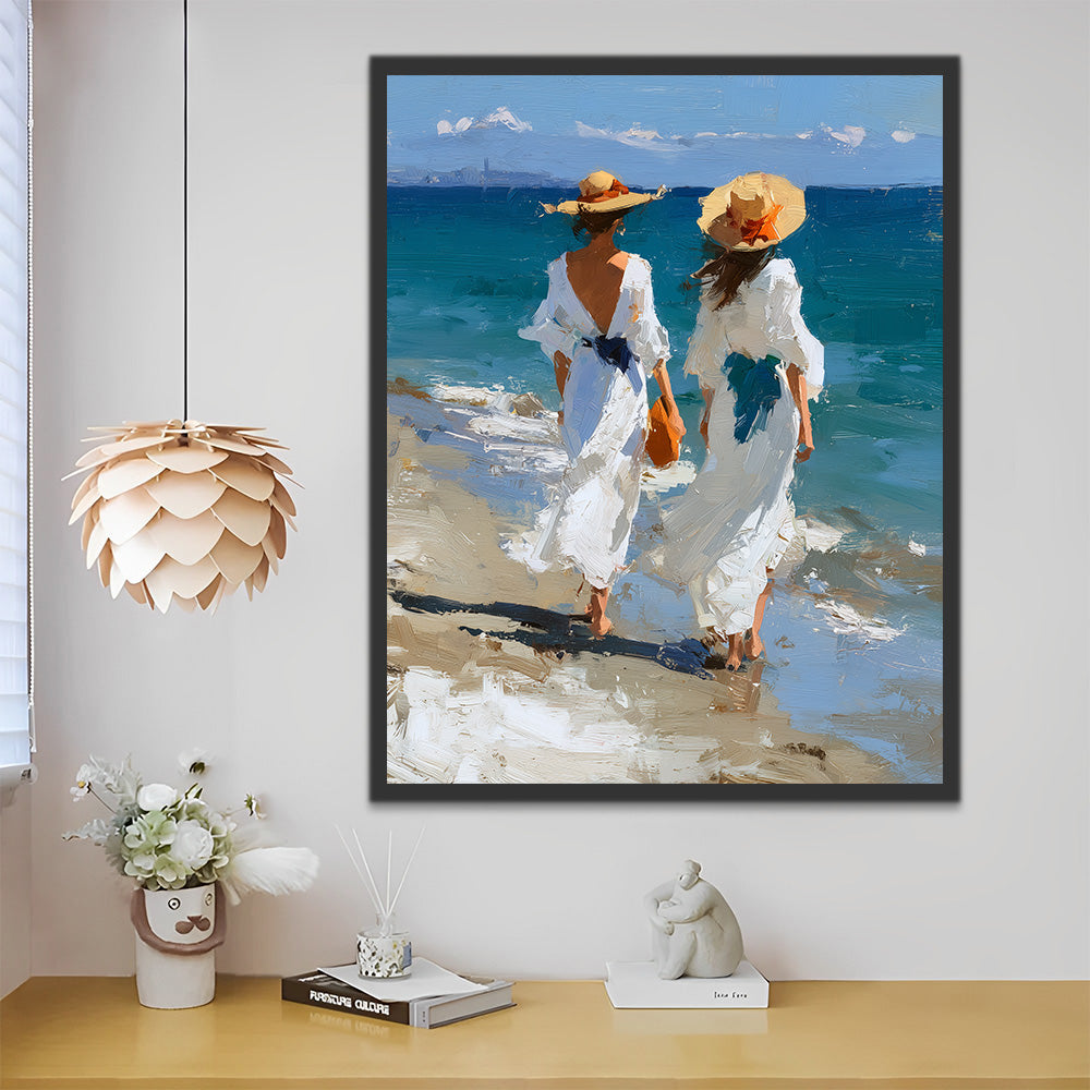 Twee Vrouwen in Witte Jurken op het Strand Schilderen op Nummers