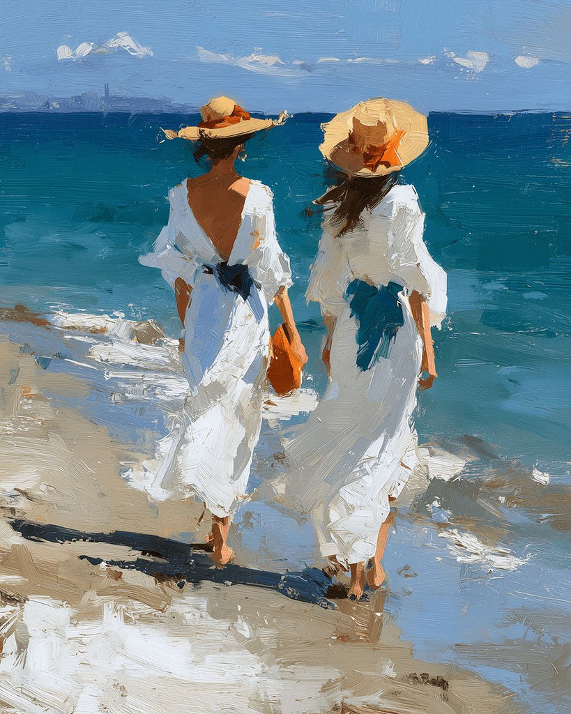Twee Vrouwen in Witte Jurken op het Strand Schilderen op Nummers