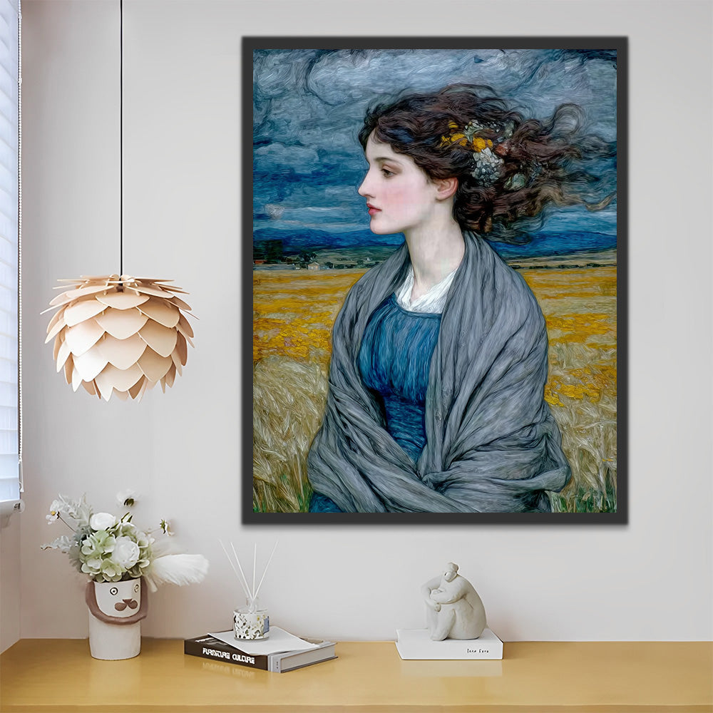 Van Gogh-Stijl – Vrouw in Blauwe Jurk op het Veld Schilderen op Nummers