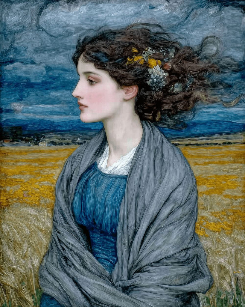 Van Gogh-Stijl – Vrouw in Blauwe Jurk op het Veld Schilderen op Nummers