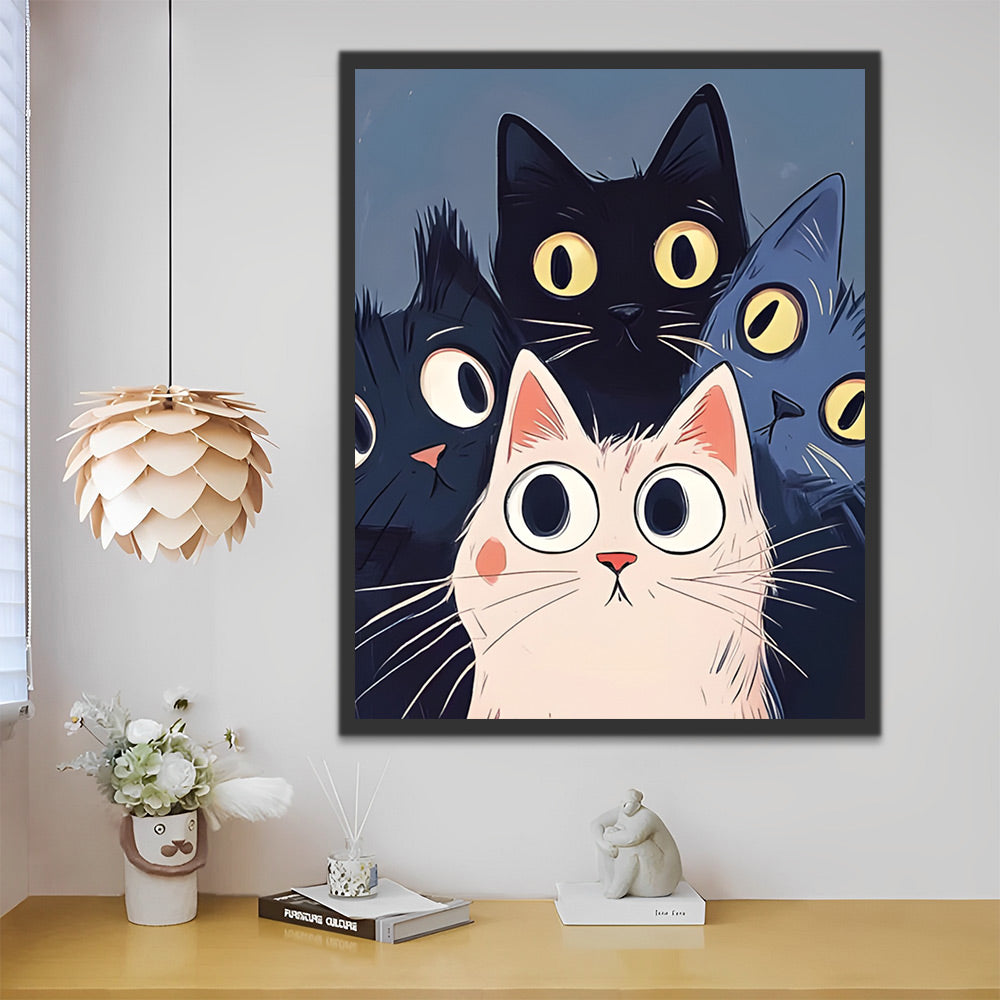 Vier Cartoon Katten Schilderen op Nummers