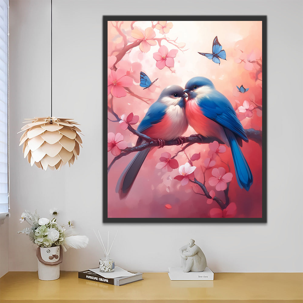 Vogelpaar op Roze Bloeiende Takken Schilderen op Nummers