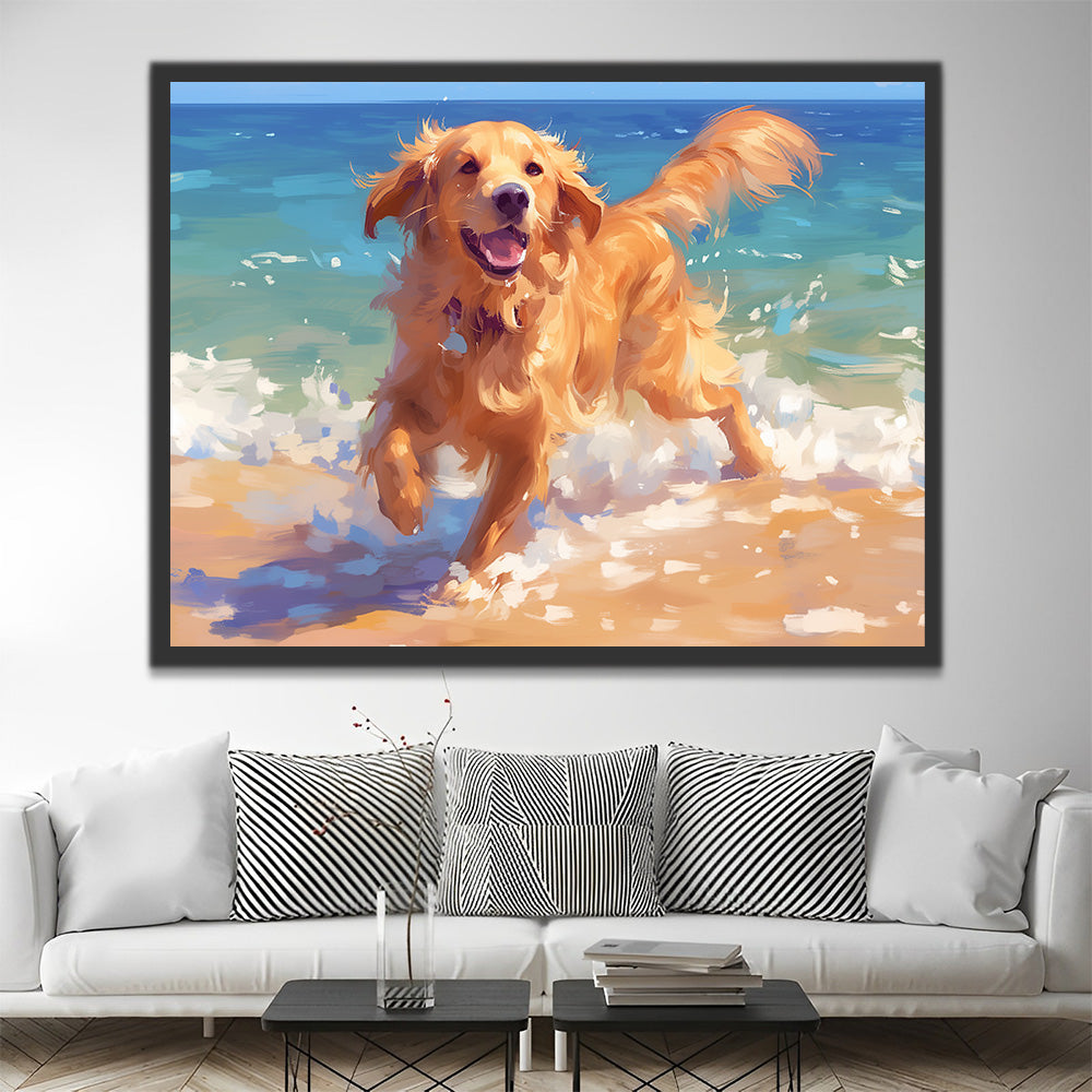 Vrolijke Golden Retriever Spelend in het Zeewater Schilderen op Nummers