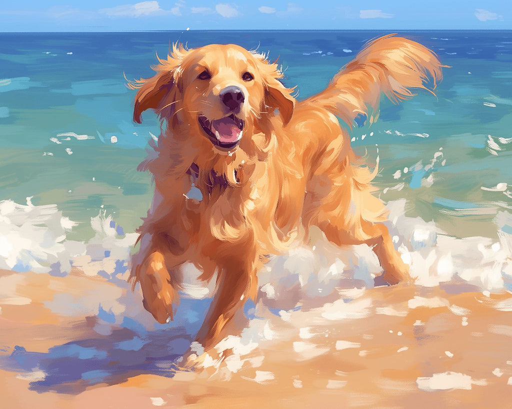 Vrolijke Golden Retriever Spelend in het Zeewater Schilderen op Nummers