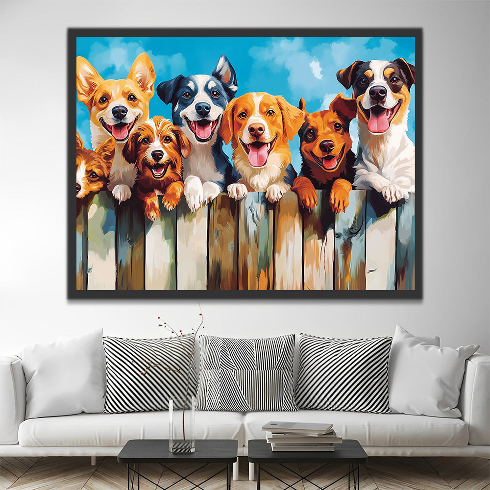 Vrolijke Honden bij een Houten Hek Schilderen op Nummers