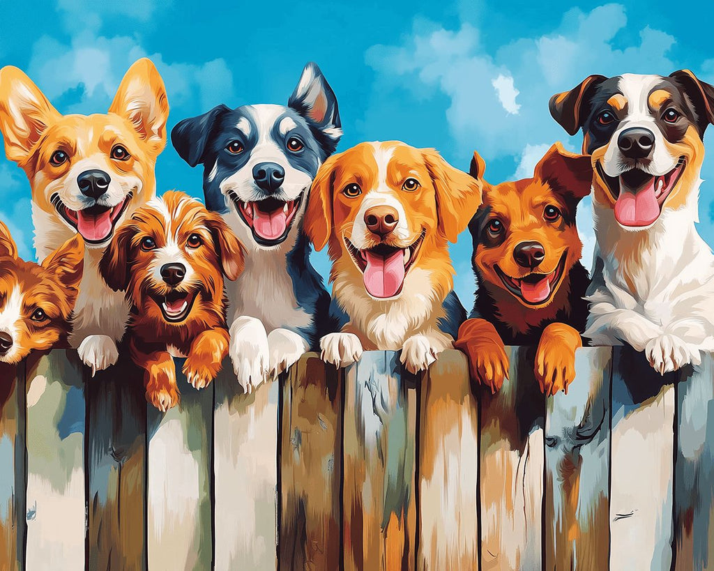 Vrolijke Honden bij een Houten Hek Schilderen op Nummers
