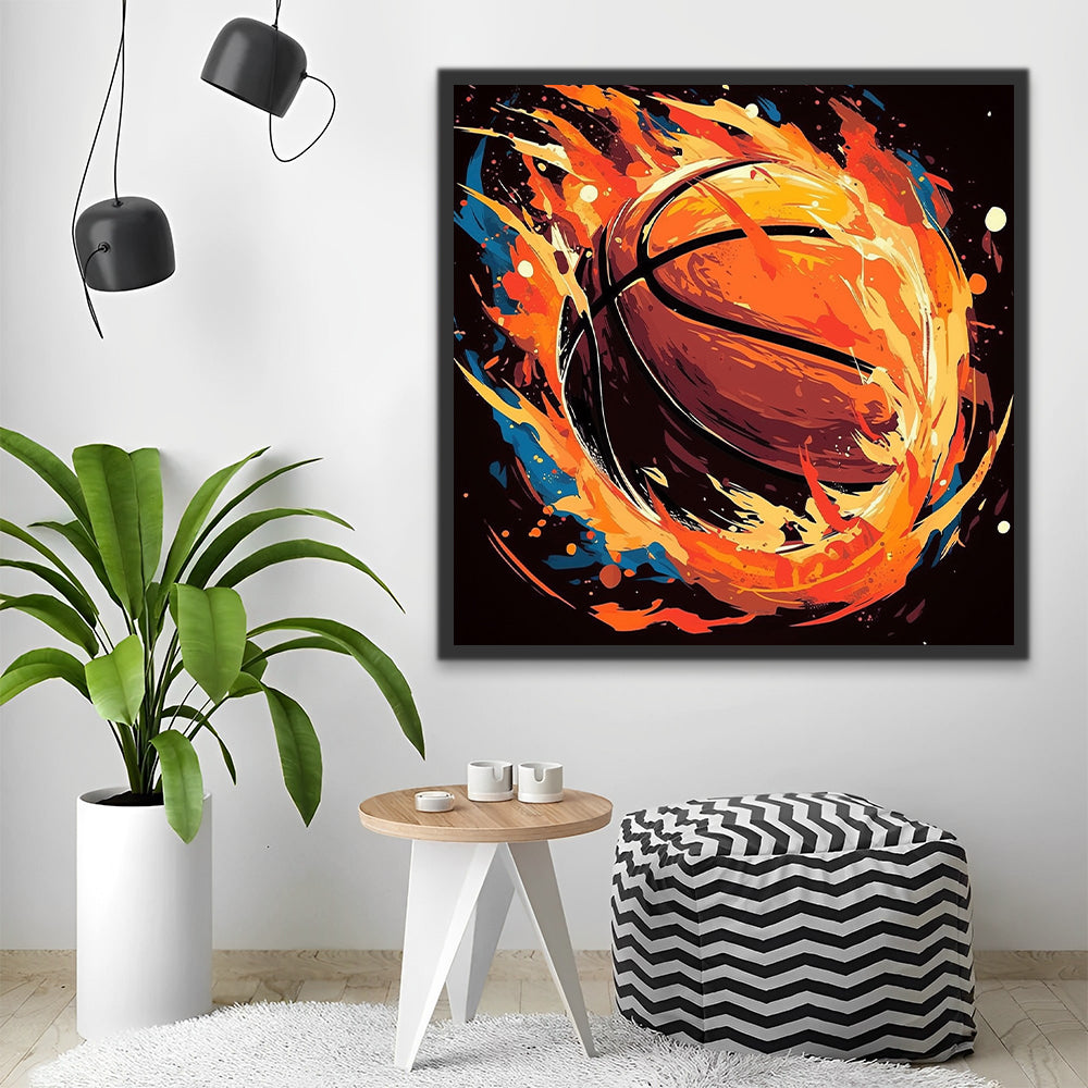 Vuurrood Basketbal in Dynamische Stijl Schilderen op Nummers