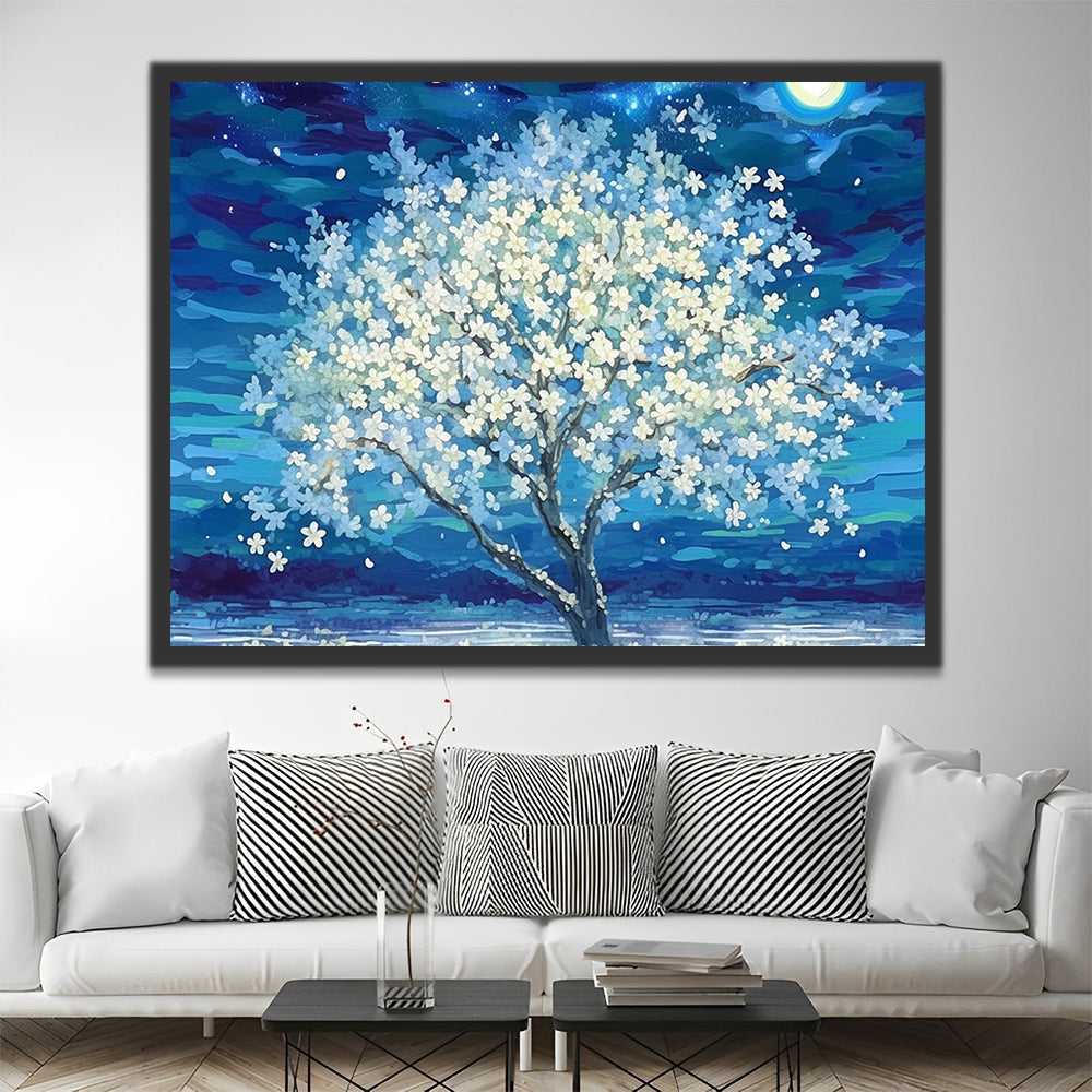 Wit bloeiende bomen onder de blauwe sterrenhemel Schilderen op Nummers