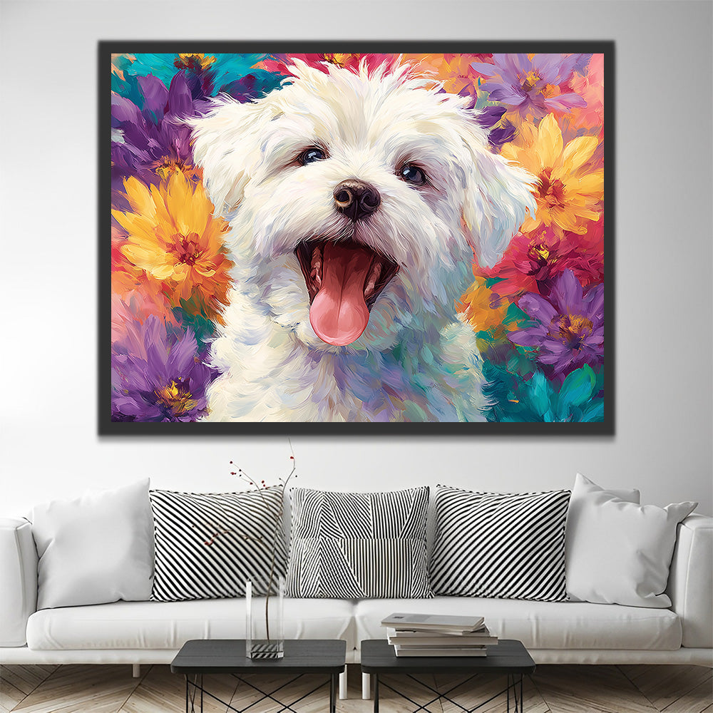 Witte Bichon Frisé tussen Kleurrijke Chrysanten Schilderen op Nummers